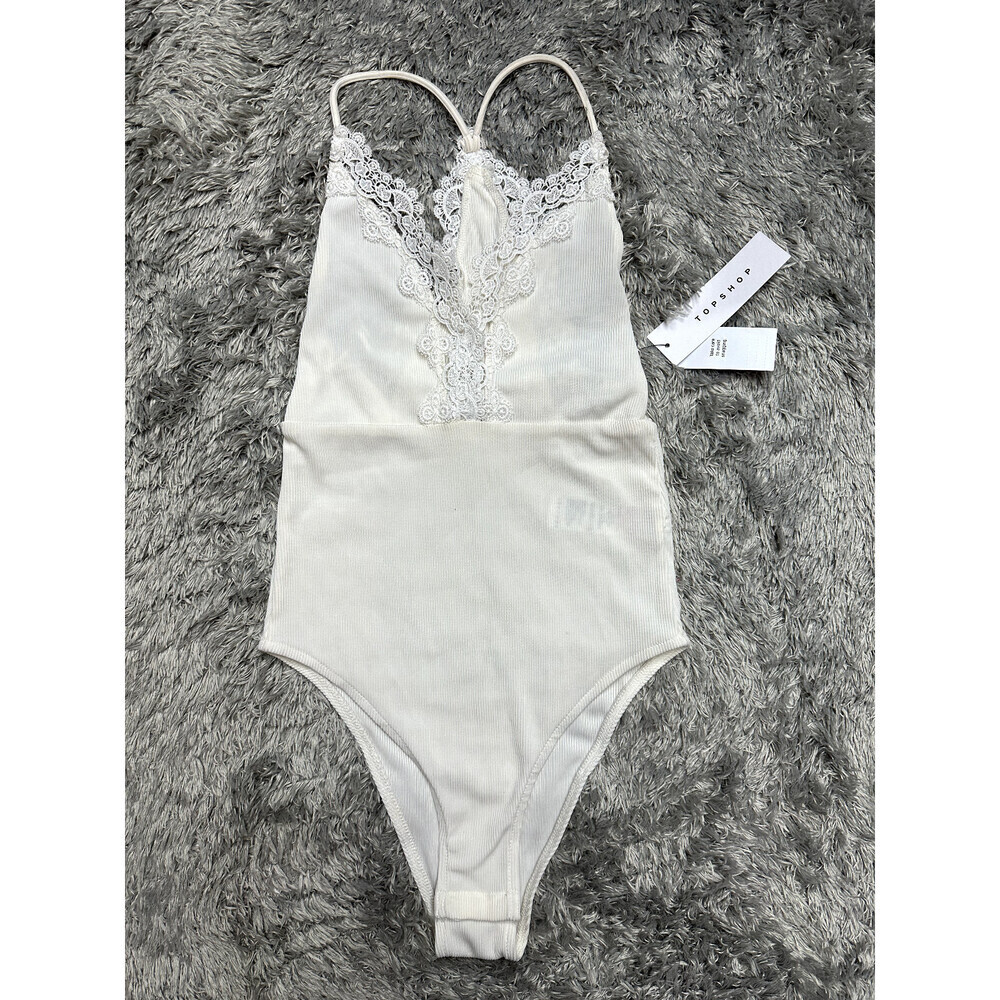 Topshop Lace Trim Strappy Rib Bodysuit In Cream Size 2 US